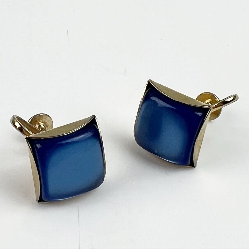 Vintage 50’s Thermoset Moonglow Blue Lucite Screw-on Gold Tone Earrings Square